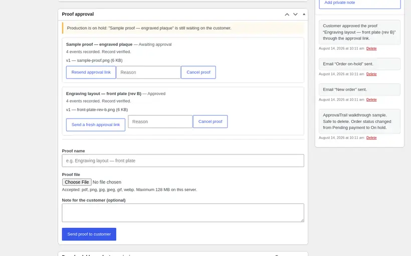The ApprovalTrail proof panel on a WooCommerce order, with the approval record beneath it.