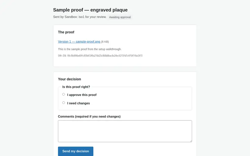 The customer-facing approval page opened from a tokenized link, with the proof preview and the approve or request-changes choice.