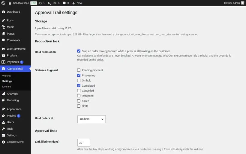 ApprovalTrail settings showing which order statuses are held while a proof is outstanding.