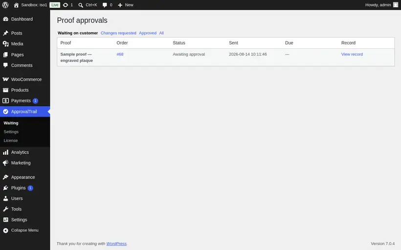 The proofs dashboard listing outstanding approvals with overdue jobs flagged.